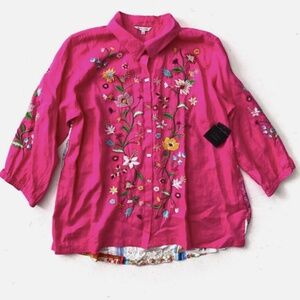 John Mark Nwt Embroidered Floral Pink Linen 3/4 Sleeve Button Front Tunic Top